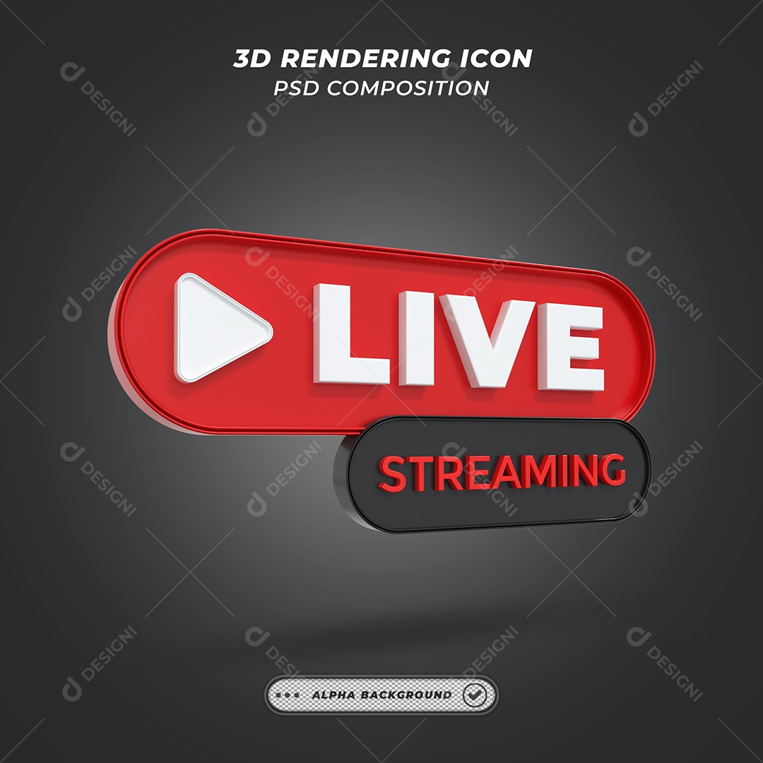 Live Stream Selo 3D Vermelho e Preto para Composição PSD