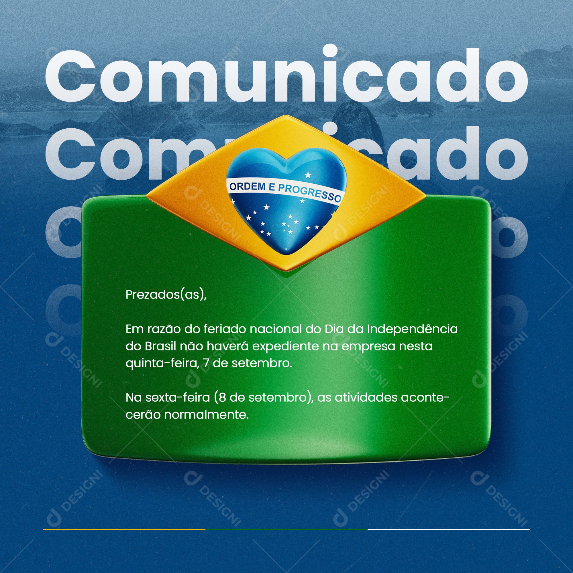 Comunicado Aviso Dia da Independência do Brasil 07 de Setembro Social Media PSD Editável