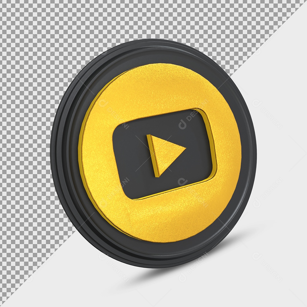 Ícone do Youtube Dourado e Preto Elemento 3D para Composição PSD