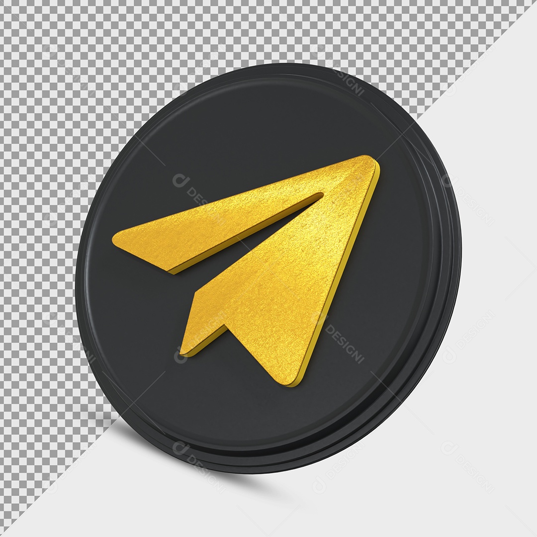 Ícone do Telegram Dourado e Preto Elemento 3D para Composição PSD