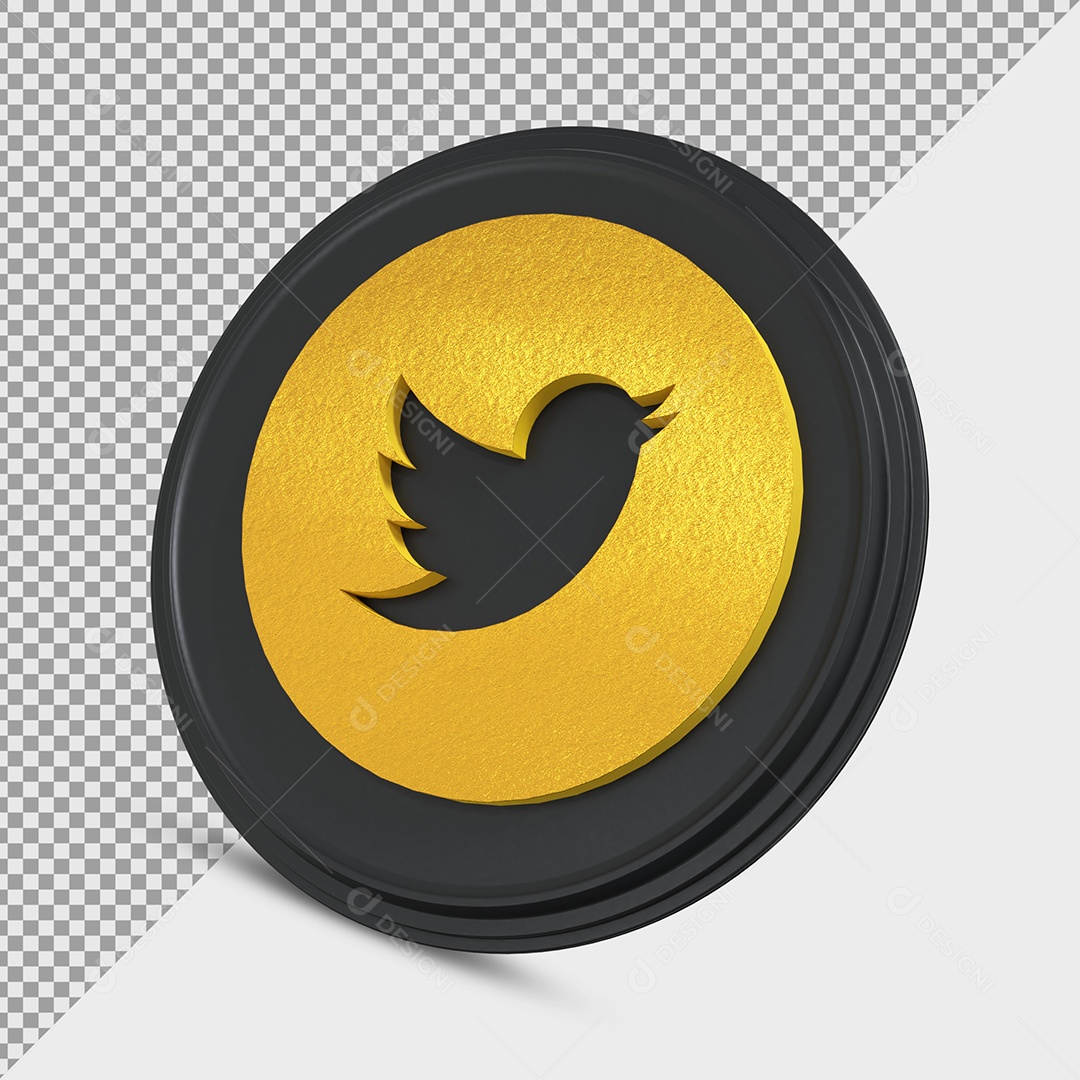 Ícone do Twitter Dourado e Preto Elemento 3D para Composição PSD