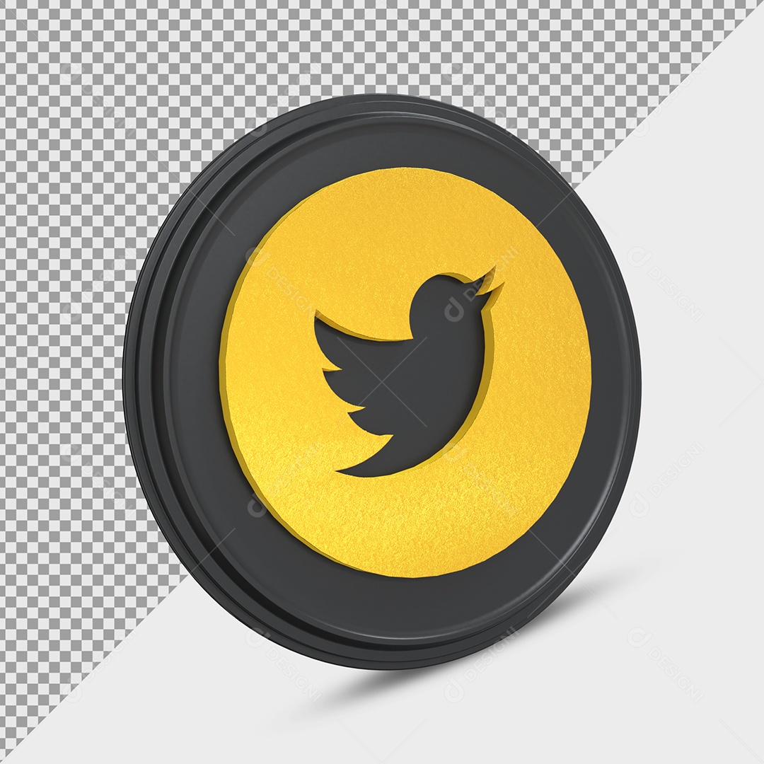 Ícone do Twitter Dourado e Preto Elemento 3D para Composição PSD