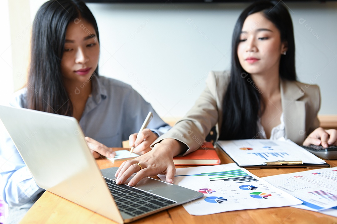 Trabalhador de escritório feminino está trabalhando no escritório. Eles usam um laptop e analisam gráficos.