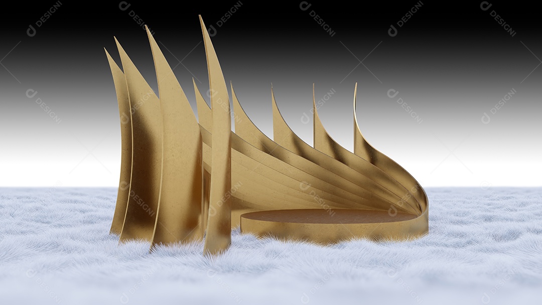 Uma imagem de renderização 3d do palco dourado que tem tela curvada como plano de fundo.