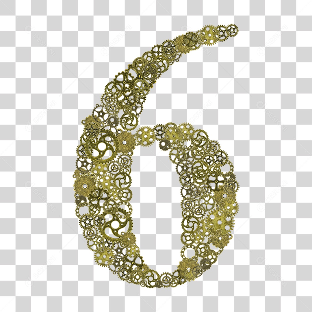 Elemento 3D Número 6 com Engrenagens Para Composição PNG Transparente