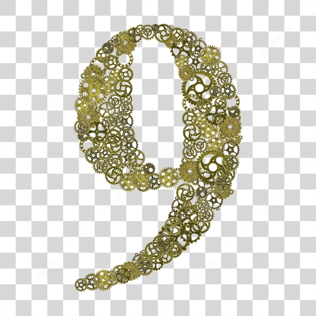 Elemento 3D Número 9 com Engrenagens Para Composição PNG Transparente