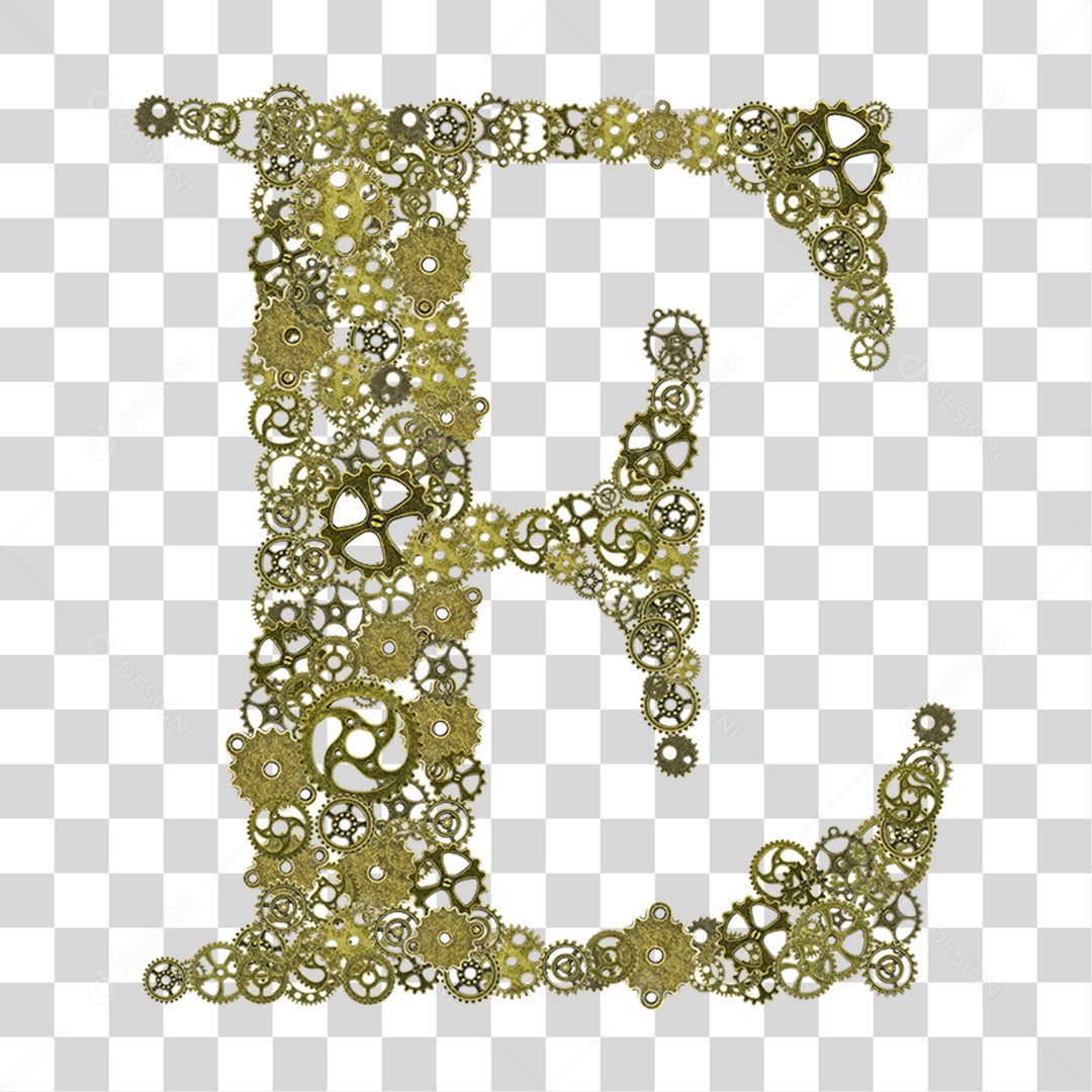 Elemento 3D Letra E com Engrenagens Para Composição PNG Transparente
