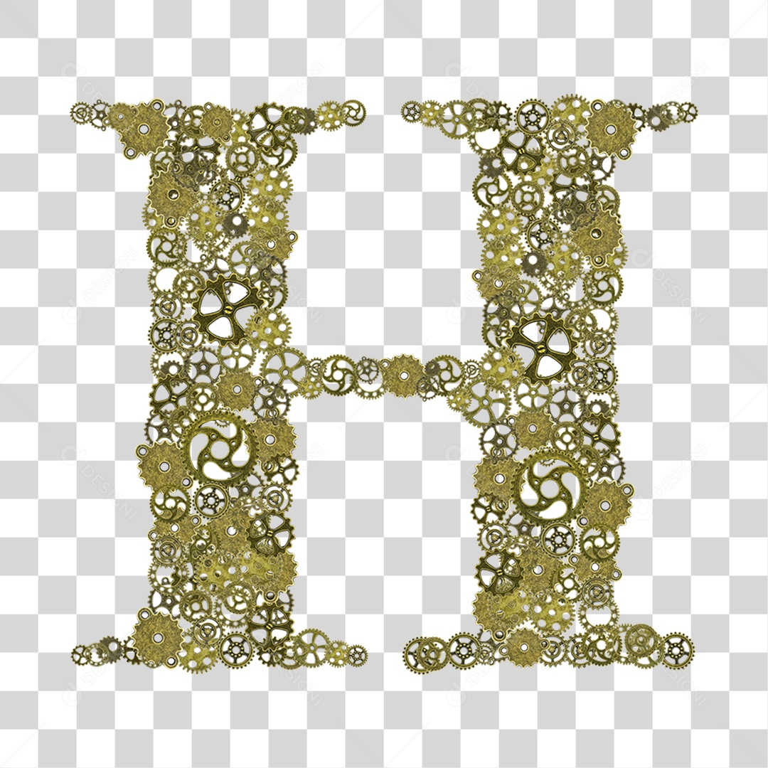 Elemento 3D Letra H com Engrenagens Para Composição PNG Transparente