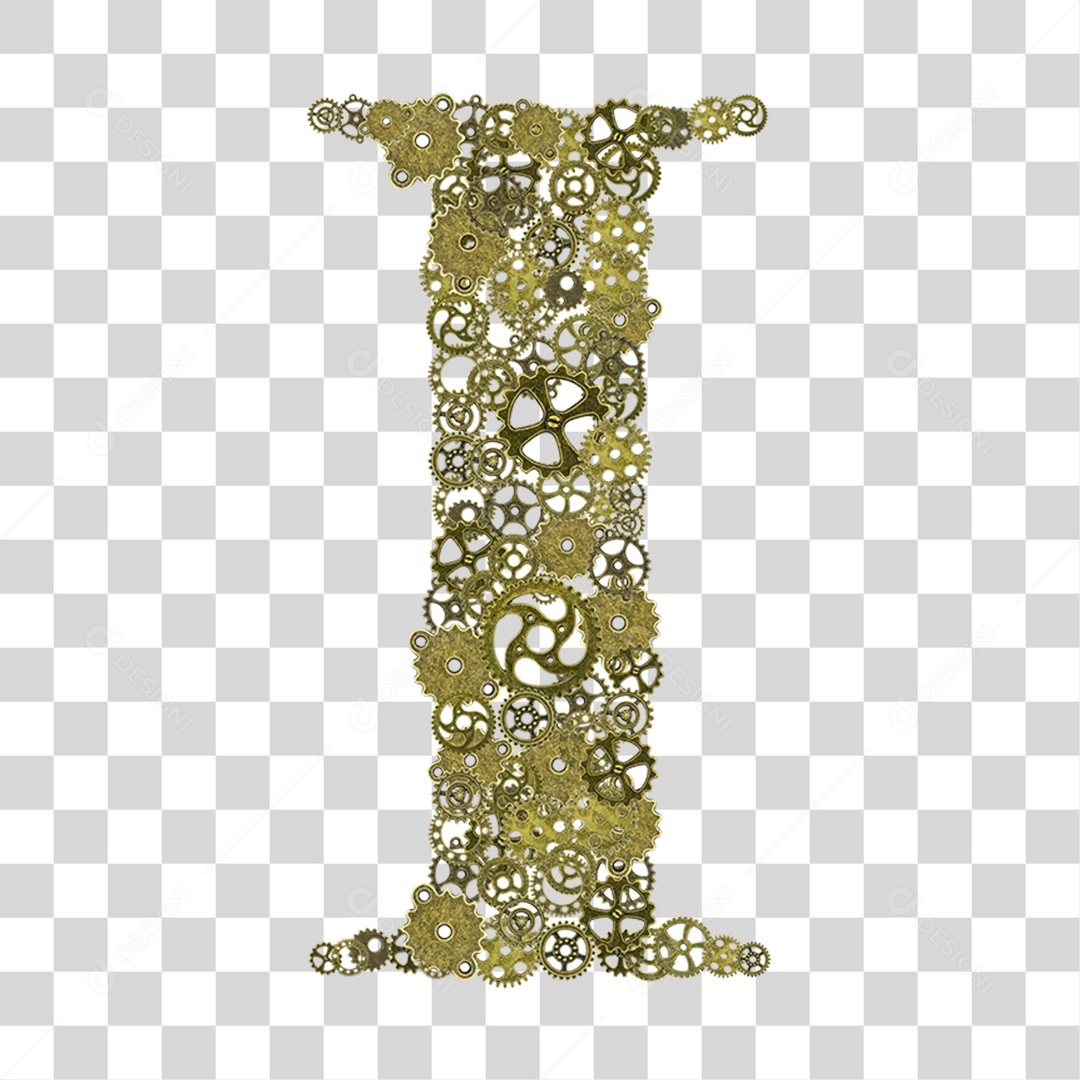 Elemento 3D Letra I com Engrenagens Para Composição PNG Transparente