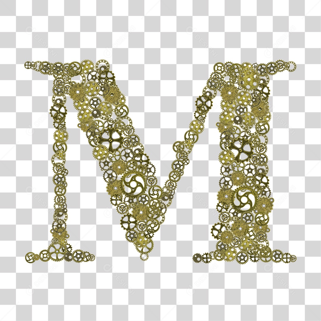 Elemento 3D Letra M com Engrenagens Para Composição PNG Transparente