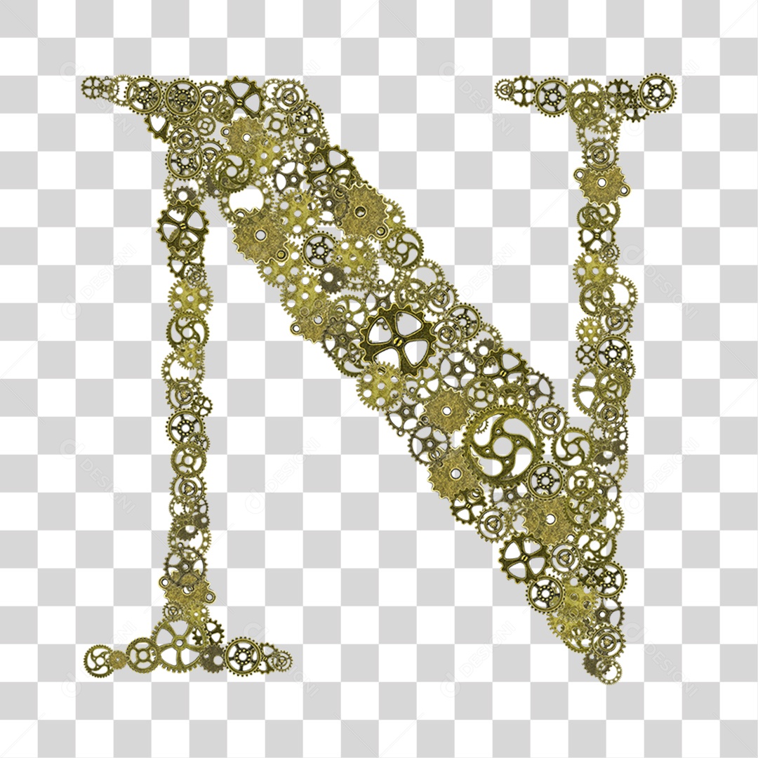 Elemento 3D Letra N com Engrenagens Para Composição PNG Transparente