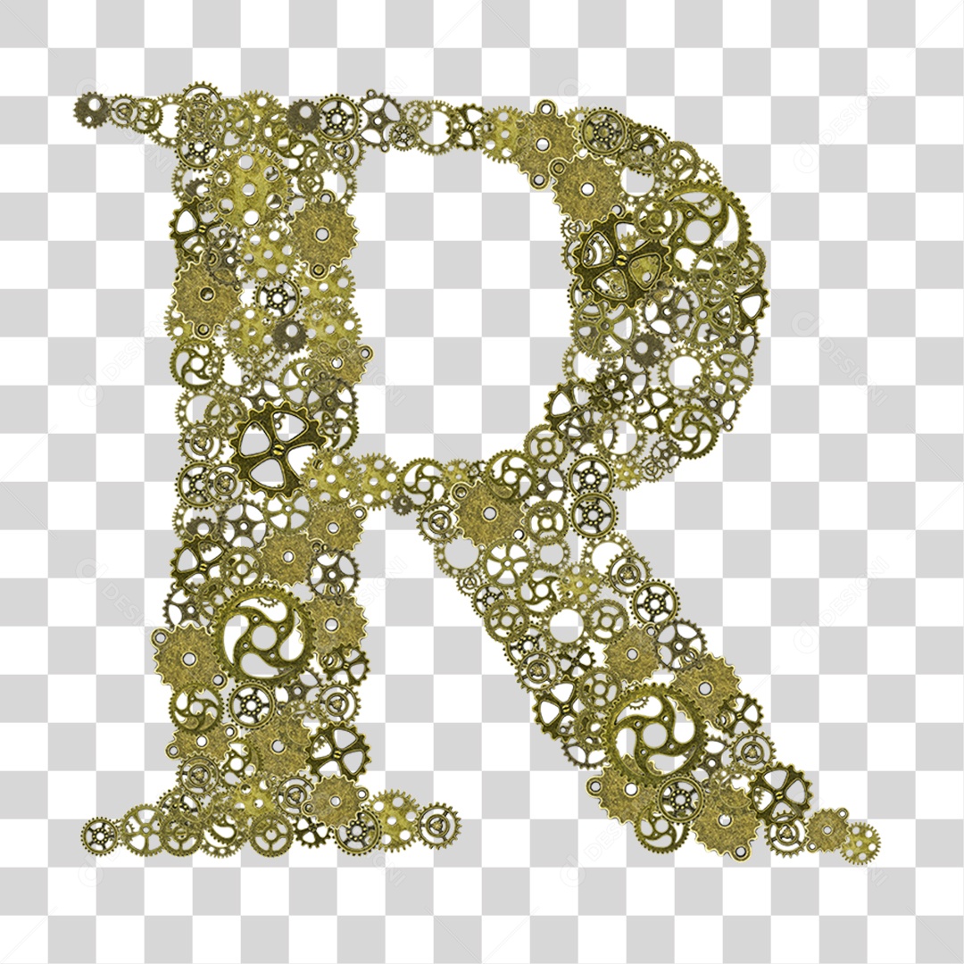 Elemento 3D Letra R com Engrenagens Para Composição PNG Transparente