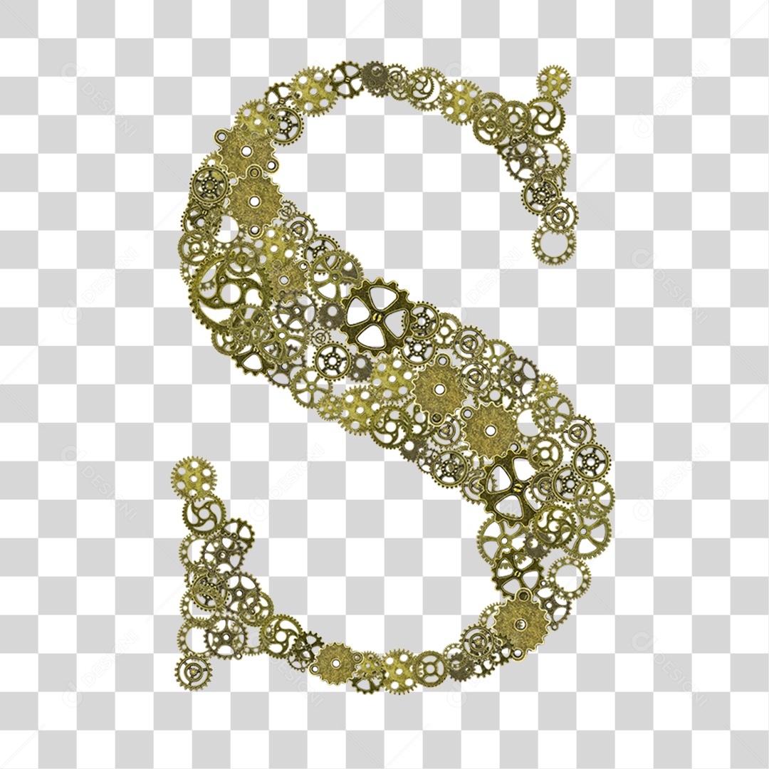 Elemento 3D Letra S com Engrenagens Para Composição PNG Transparente