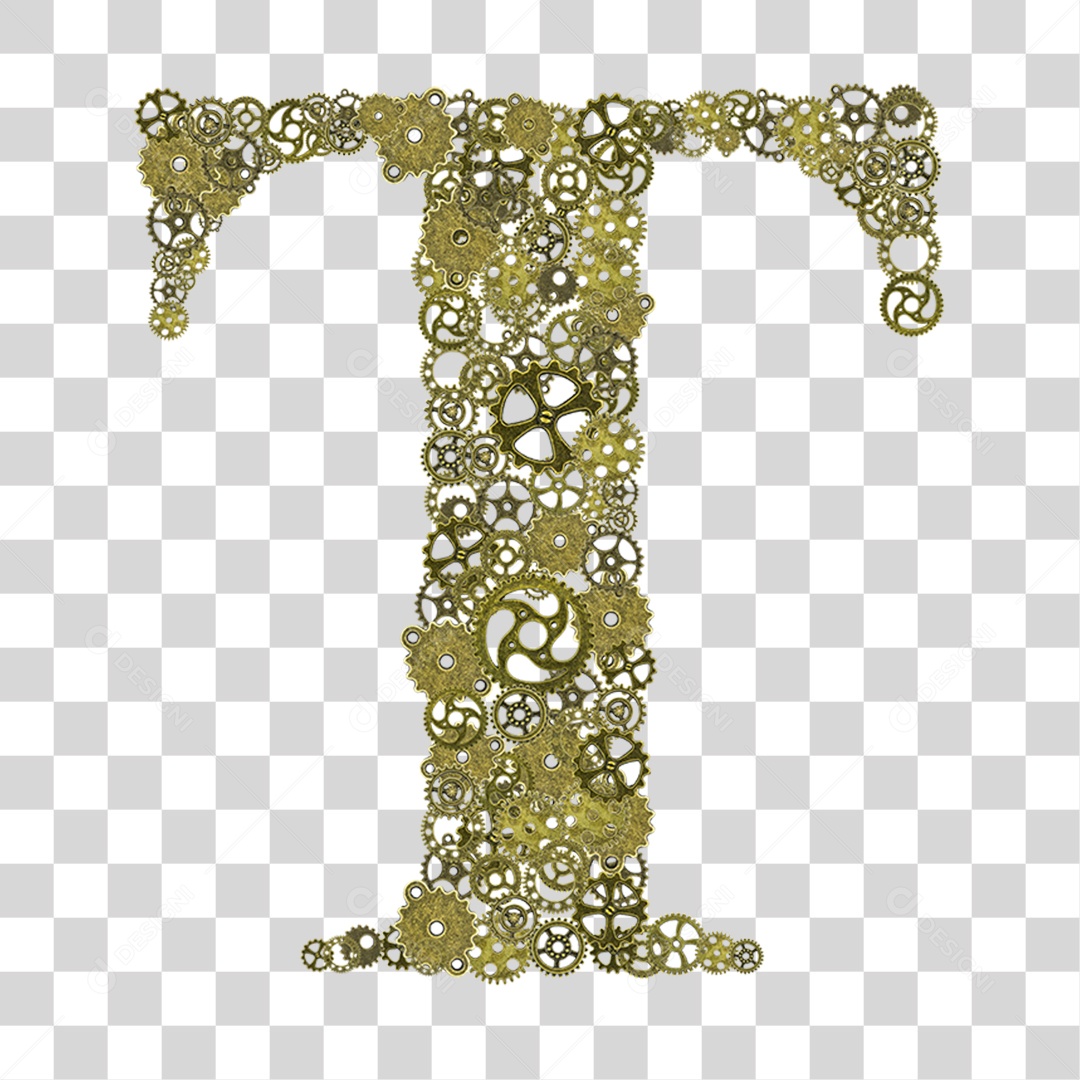 Elemento 3D Letra T com Engrenagens Para Composição PNG Transparente