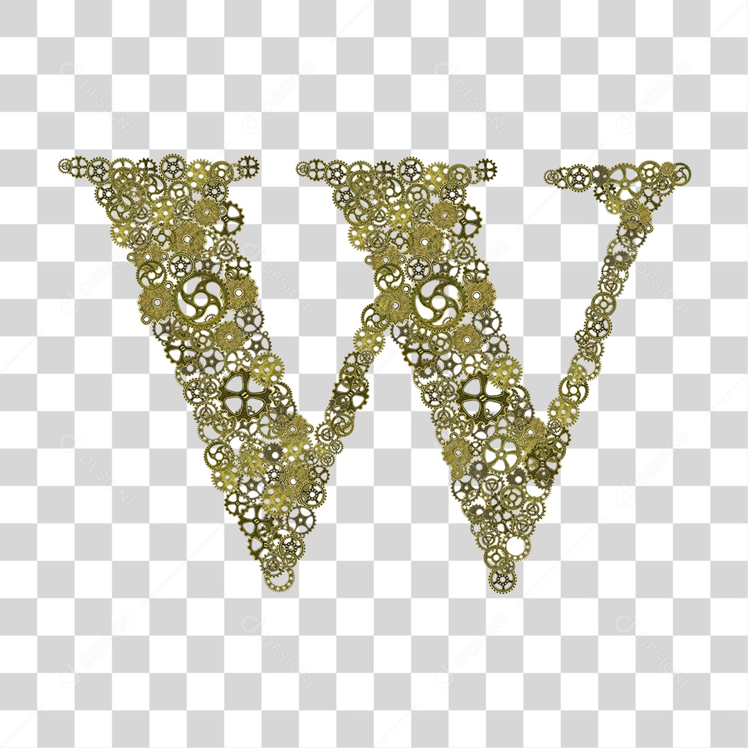 Elemento 3D Letra W com Engrenagens Para Composição PNG Transparente