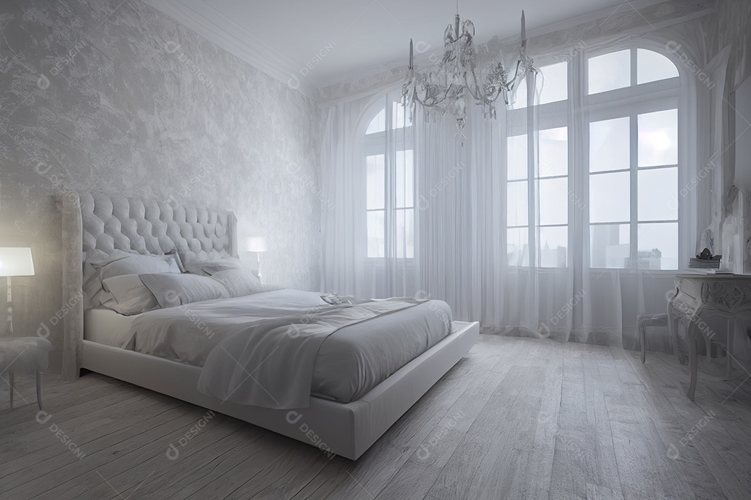 Quarto em tom branco com luz entrando pela janela. Renderização 3D