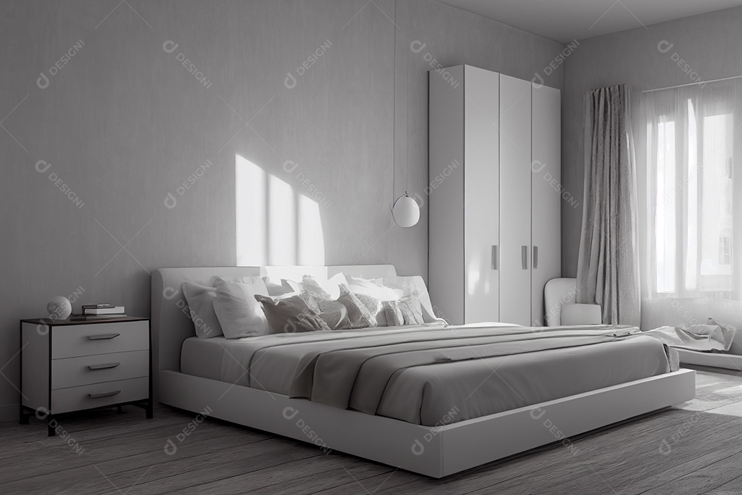 Quarto em tom branco com luz entrando pela janela. Renderização 3D