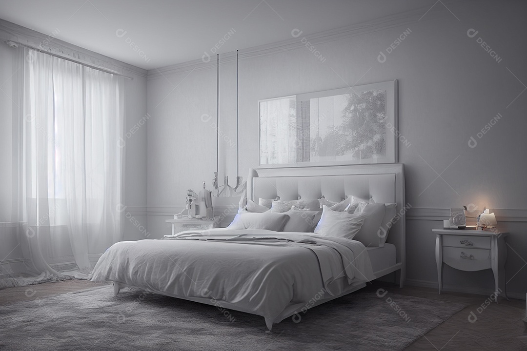 Quarto em tom branco com luz entrando pela janela. Renderização 3D