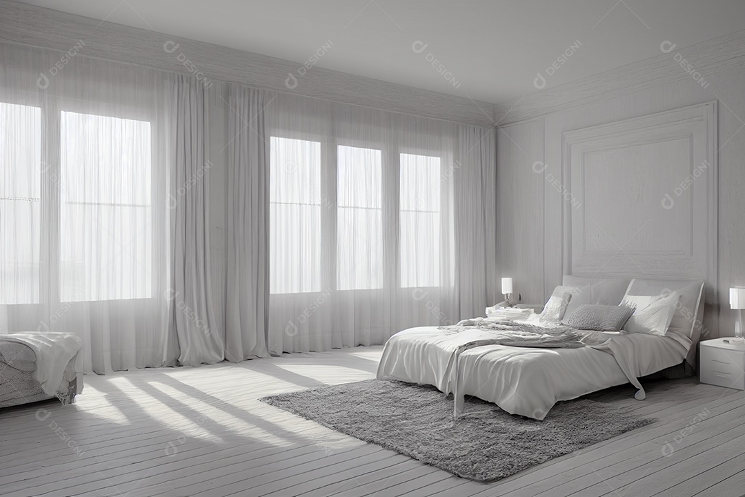 Quarto em tom branco com luz entrando pela janela. Renderização 3D