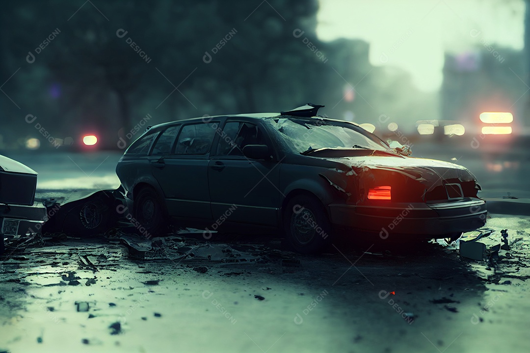 Acidente de carro, colisão na estrada, renderização 3D