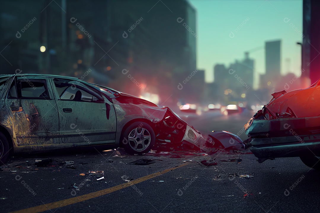 Acidente de carro, colisão na estrada, renderização 3D