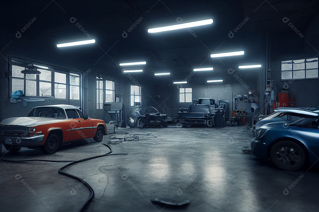 Garagem de reparo e manutenção de automóveis renderização 3D