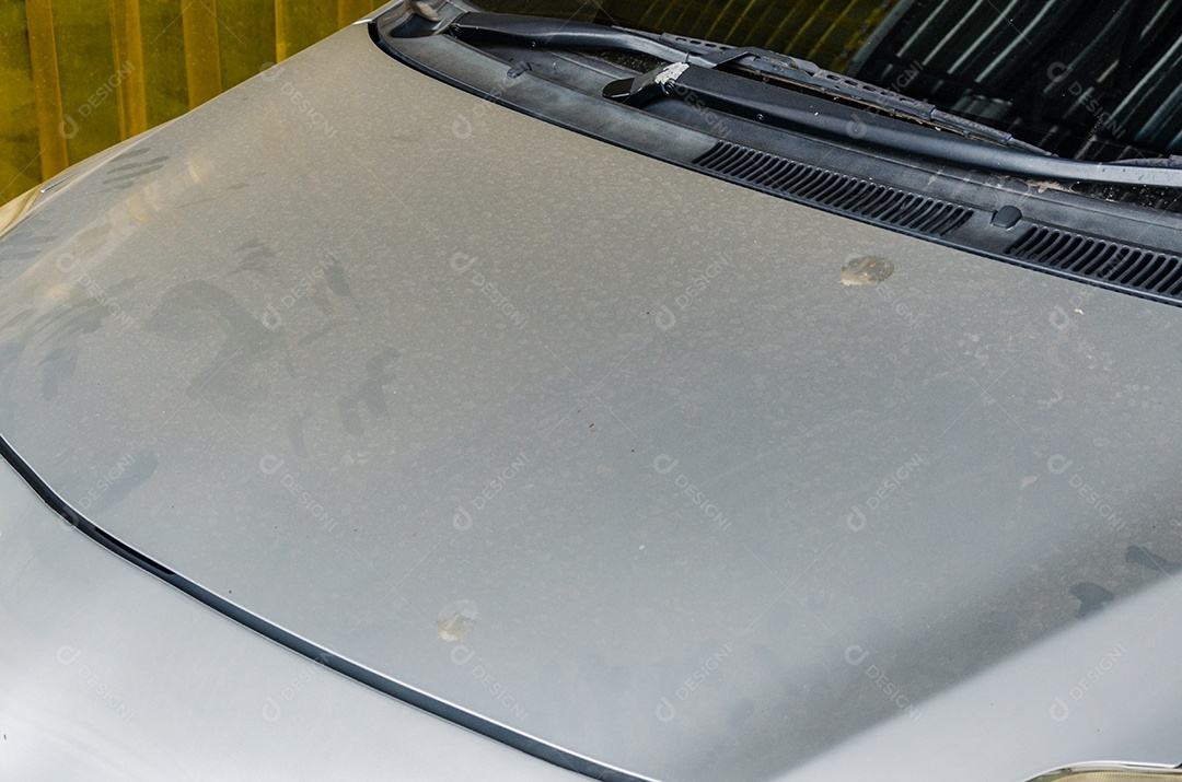 Sujeira no capô dianteiro do carro.