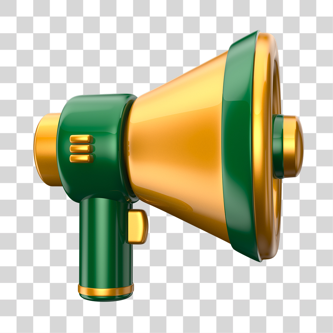 Elemento 3D Megafone Dourado e Verde PNG Transparente