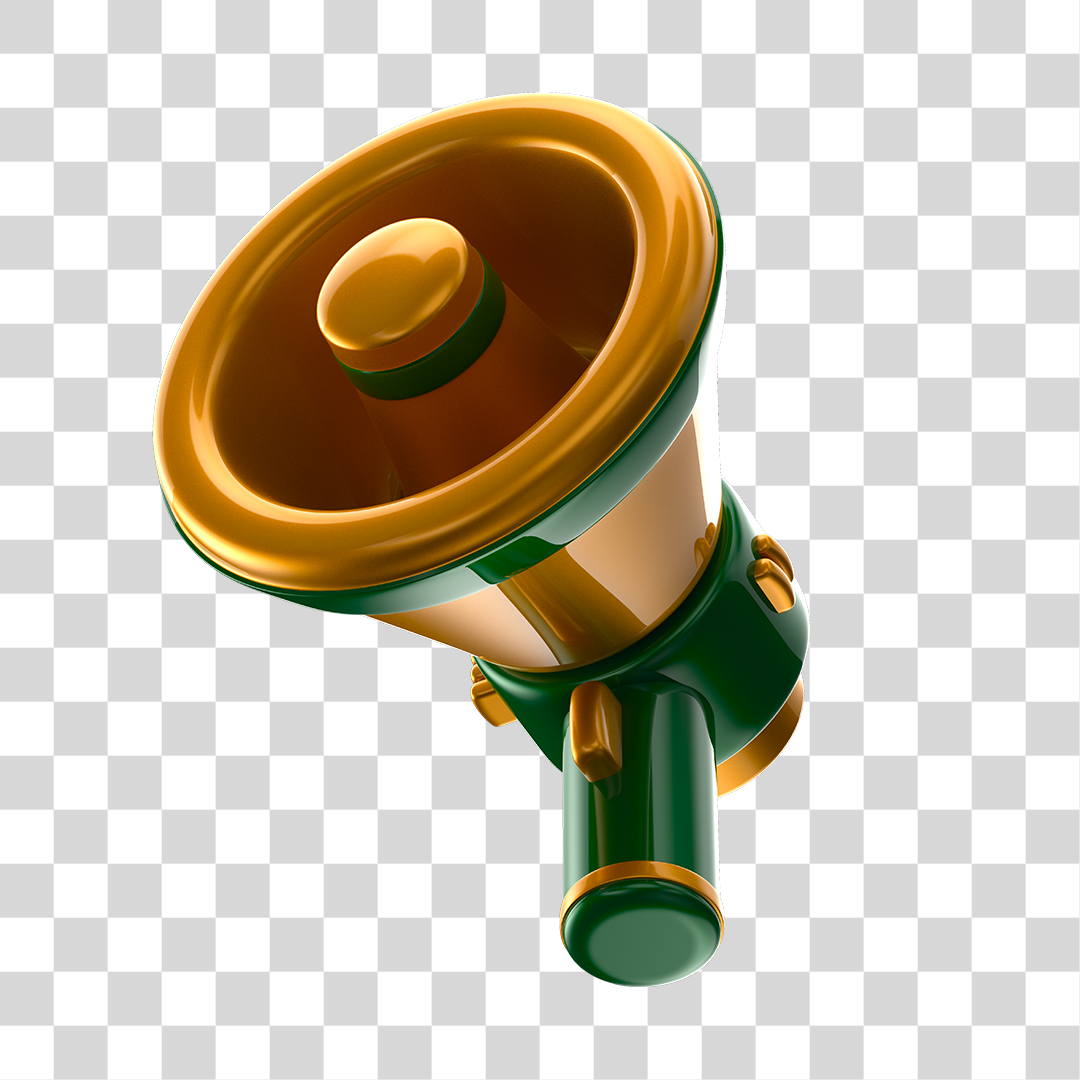 Elemento 3D Megafone Dourado e Verde PNG Transparente