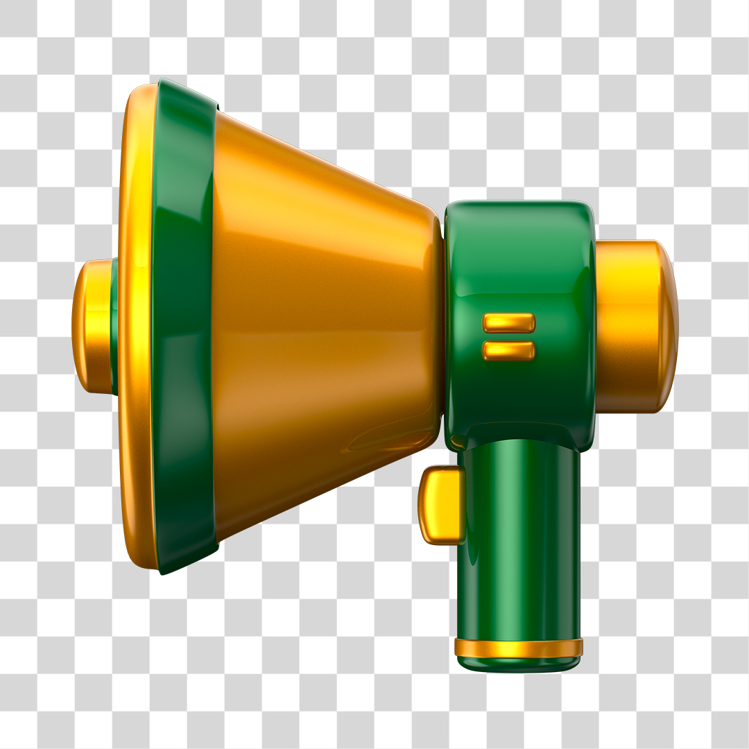 Elemento 3D Megafone Dourado e Verde PNG Transparente