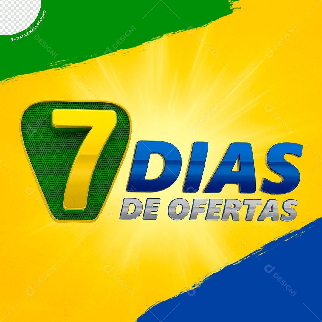 Selo 3D 7 Dias de Ofertas Verde Amarelo e Azul para Composição PSD