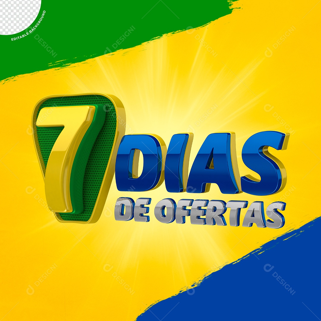 Selo 3D 7 Dias de Ofertas Verde Amarelo e Azul para Composição PSD