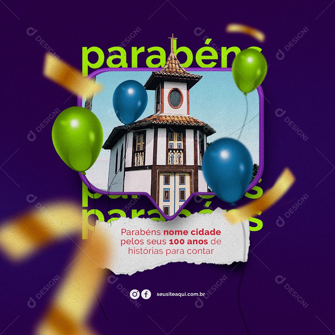 Social Media Parabéns cidade pelos seus 100 anos Aniversário PSD Editável