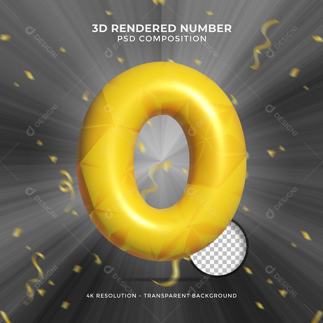 Número 3D 0 Amarelo com forma de Balão Elemento para Composição PSD