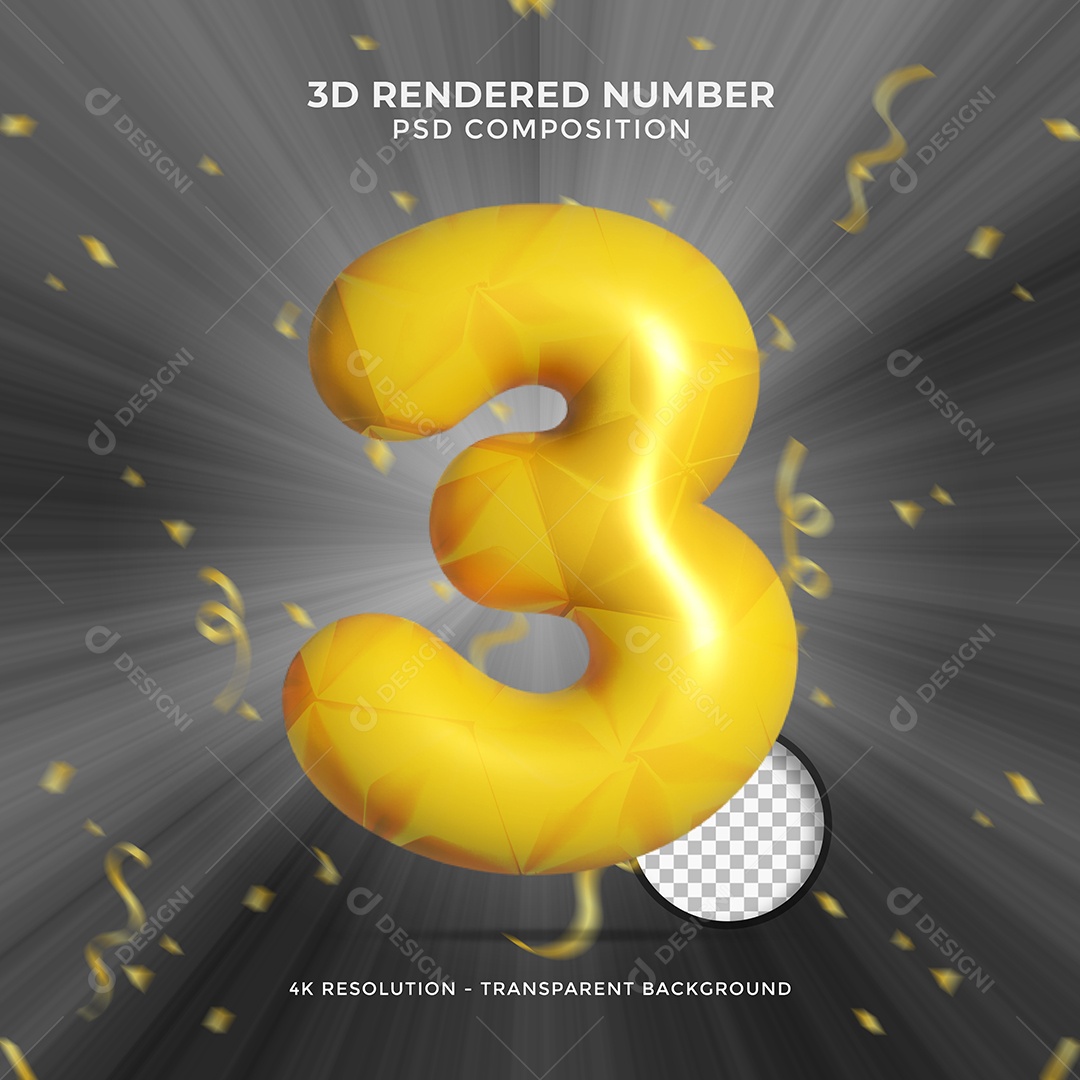 Número 3D 3 Amarelo com forma de Balão Elemento para Composição PSD