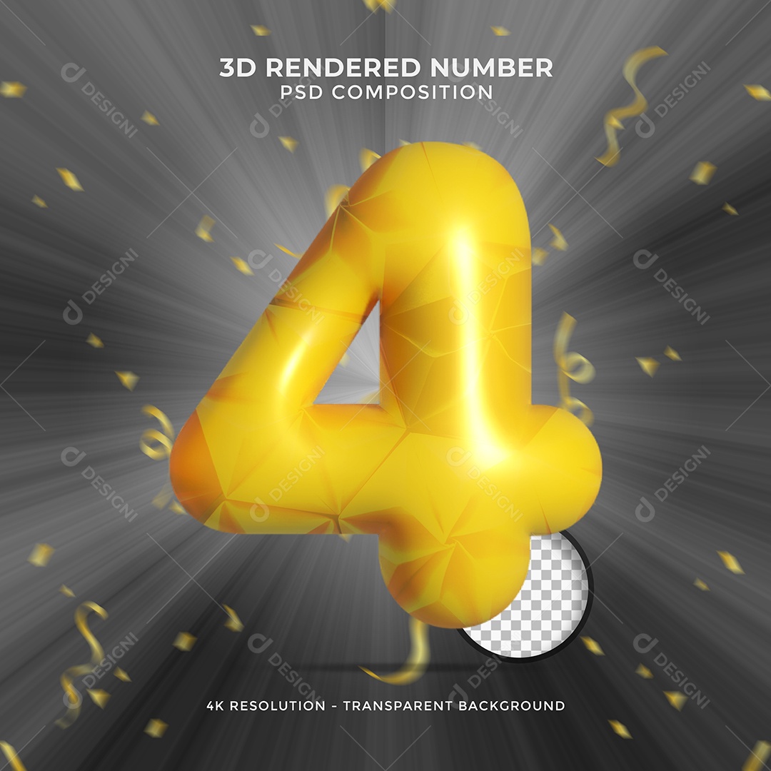 Número 3D 4 Amarelo com forma de Balão Elemento para Composição PSD