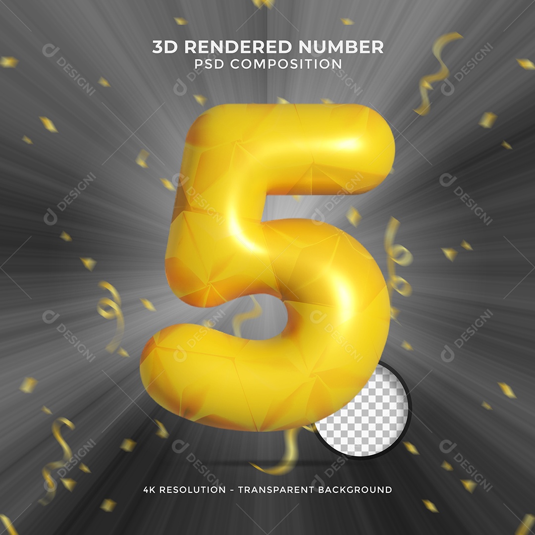 Número 3D 5 Amarelo com forma de Balão Elemento para Composição PSD