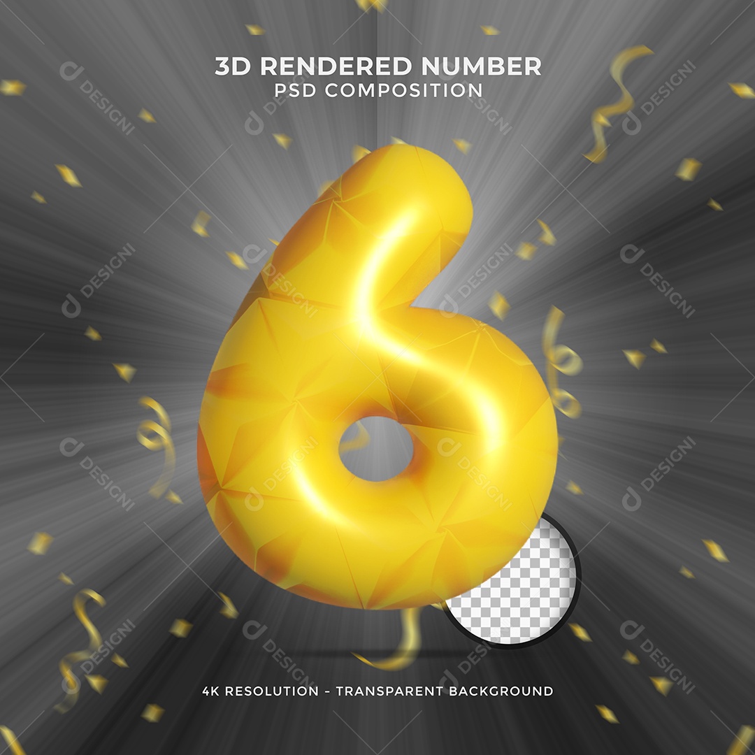 Número 3D 6 Amarelo com forma de Balão Elemento para Composição PSD