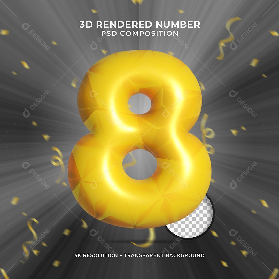 Número 3D 8 Amarelo com forma de Balão Elemento para Composição PSD