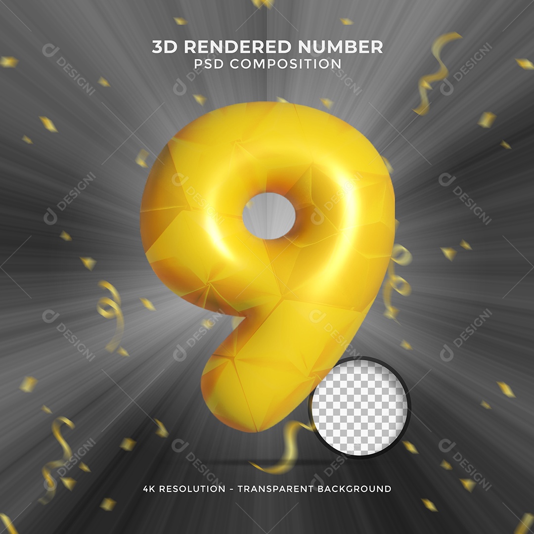 Número 3D 9 Amarelo com forma de Balão Elemento para Composição PSD