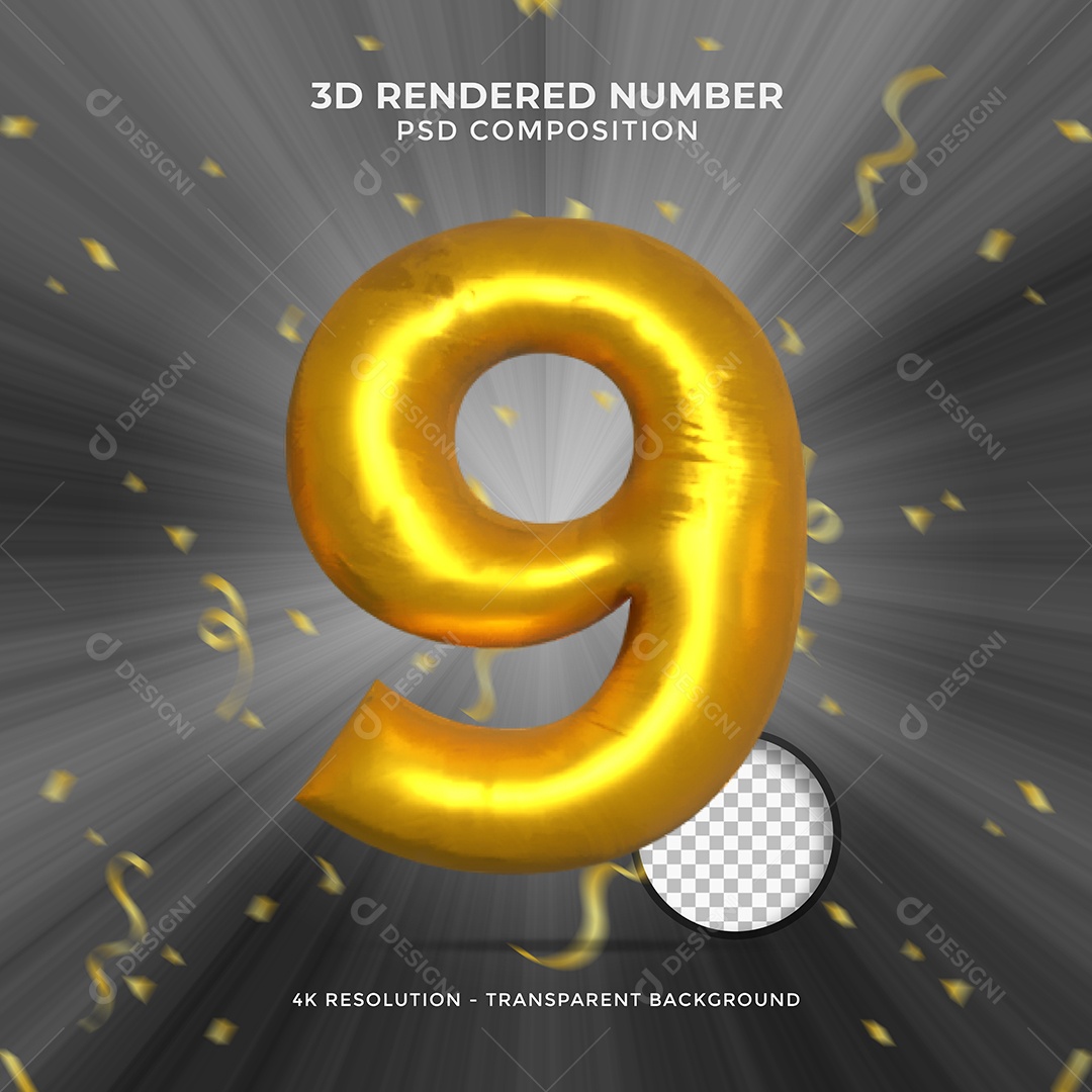 Número 3D 9 Dourado Elemento para Composição PSD