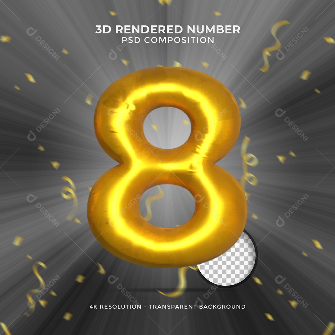 Número 3D 8 Dourado Elemento para Composição PSD