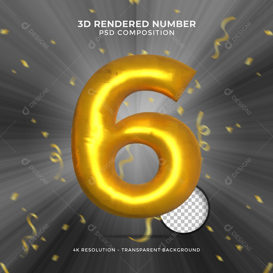 Número  3D 6 Dourado Elemento para Composição PSD
