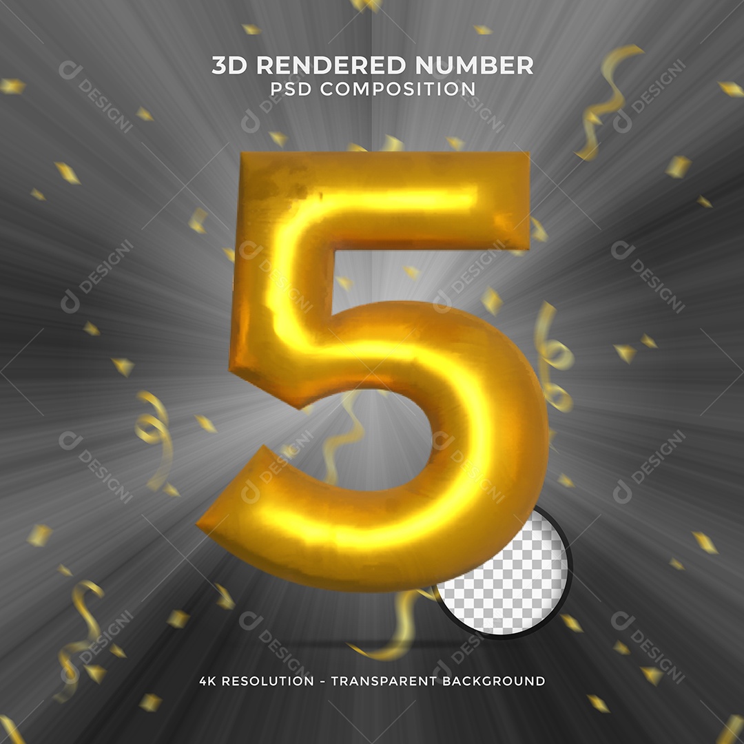 Número  3D 5 Dourado Elemento para Composição PSD