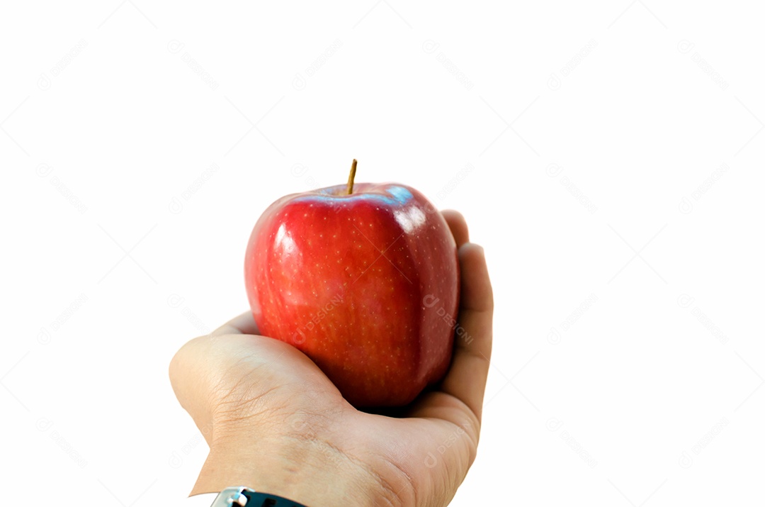 Mão vermelha maçã isolada no branco.