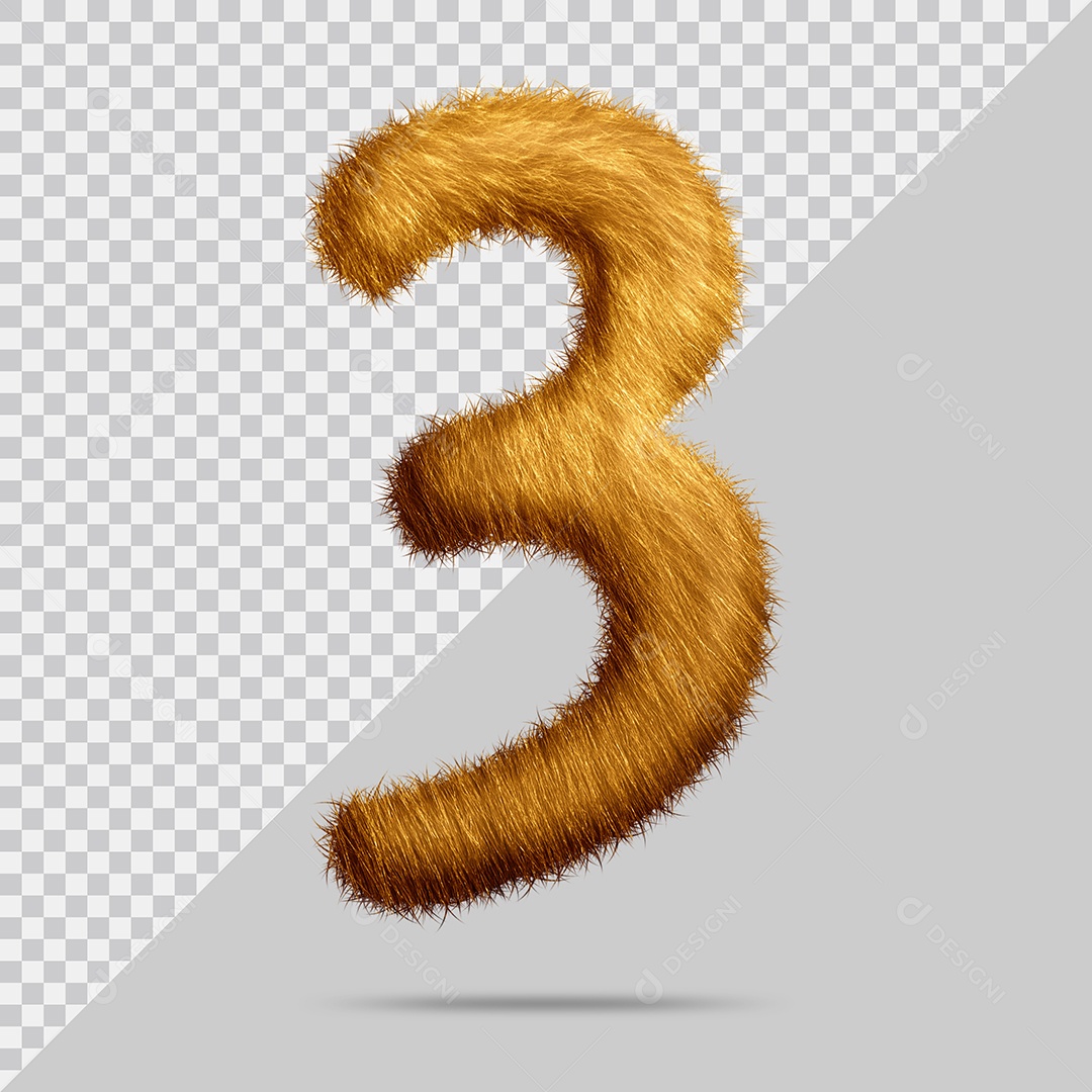 Número 3 com pelo Marrom Ilustração 3D PSD