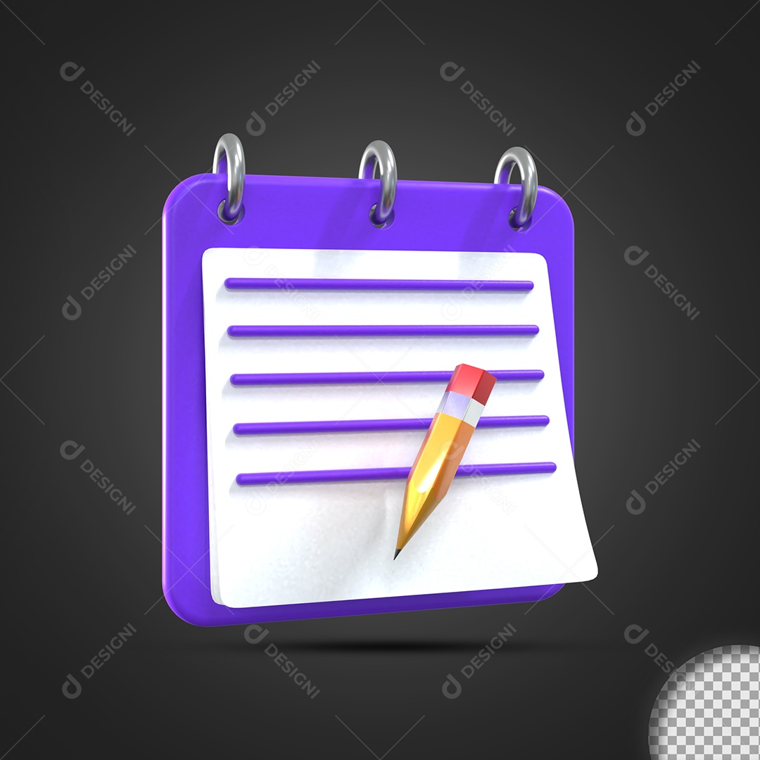 Bloco de Notas e Lápis Elemento 3D para Composição PSD