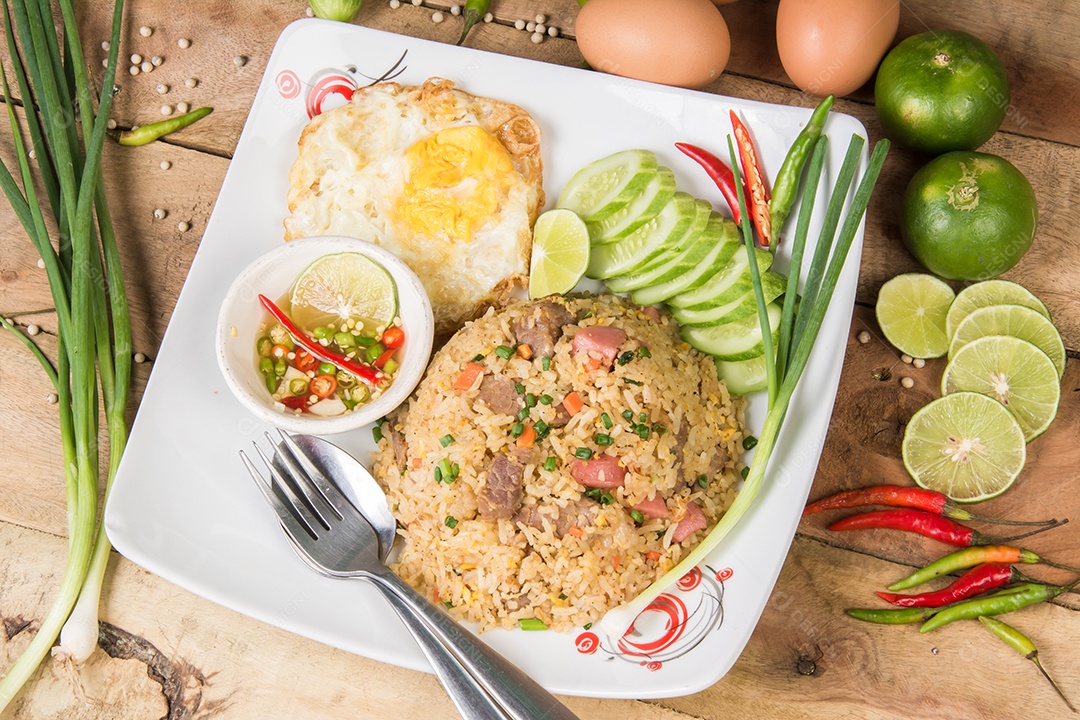 arroz frito com legumes, carne e ovos fritos servido em um prato com pauzinhos