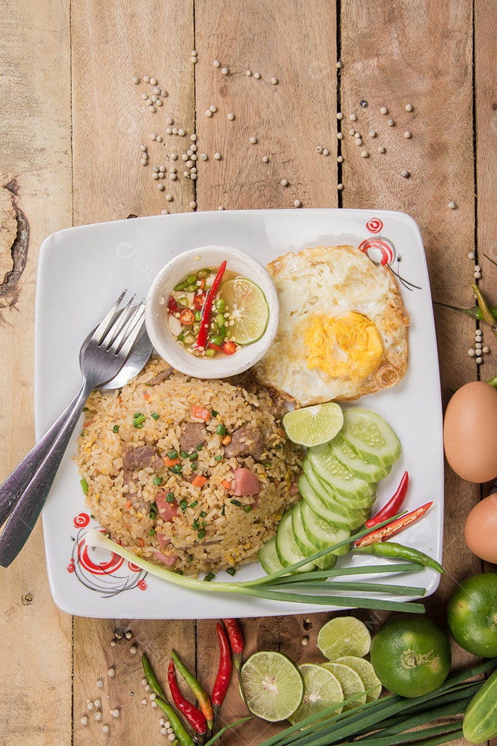 arroz frito com legumes, carne e ovos fritos servido em um prato com pauzinhos