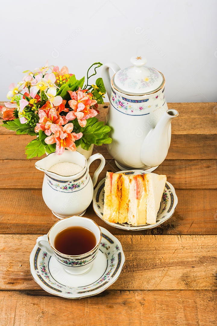 Composição de chá, jogo de chá, estilo de imagem vintage